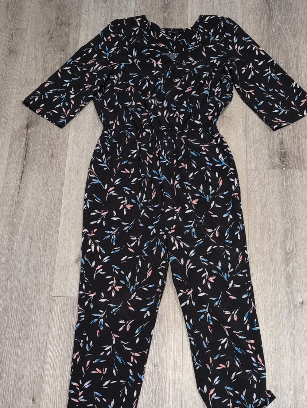 Reitmans Black Jumpsuit with Pink and Blue Leaf Print